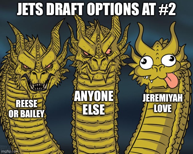 Three-headed Dragon | Jets Draft Options at #2; Anyone Else; Jeremiyah Love; Reese or Bailey | image tagged in three-headed dragon | made w/ Imgflip meme maker