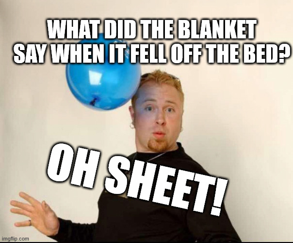 Bedroom Fun | What did the blanket say when it fell off the bed? Oh sheet! | image tagged in balloon man | made w/ Imgflip meme maker