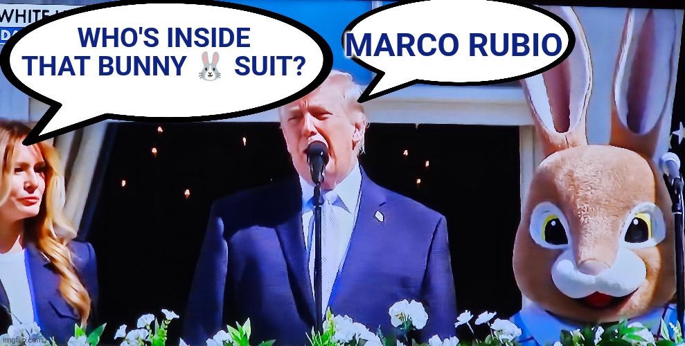 Make Easter Egghunts Great Again | Marco Rubio; Who's inside that bunny 🐰 suit? | image tagged in trump,easter bunny,whitehouse easter egg,melania trump,marco rubio | made w/ Imgflip meme maker