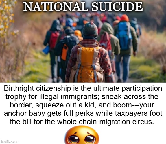Hate America First vs Make America First | NATIONAL SUICIDE; Birthright citizenship is the ultimate participation
trophy for illegal immigrants; sneak across the 
border, squeeze out a kid, and boom---your 
anchor baby gets full perks while taxpayers foot
the bill for the whole chain-migration circus. | image tagged in liberals vs conservatives,something's wrong i can feel it,you're not just wrong you're stupid,nonsense,common sense,survival | made w/ Imgflip meme maker