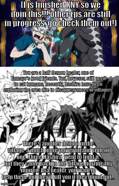 demon slayer!! (possible obasanegiyuu????) (REPOST CUZ I NEED TO RP THIS) | image tagged in demon slayer,obanai,giyuu,sanemi,roleplay | made w/ Imgflip meme maker