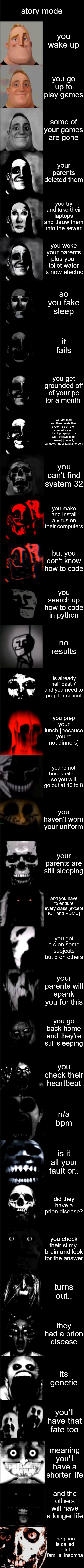 MIBU Super Extended (better quality & remastered) | story mode; you wake up; you go up to play games; some of your games are gone; your parents deleted them; you try and take their laptops and throw them into the sewer; you woke your parents plus your toilet water is now electric; so you fake sleep; it fails; you get grounded off of your pc for a month; you get mad and then delete their system 32 on their computers [not desktop laptops that were thrown in the sewer] [fun fact; windows has a 32 bit interger]; you can't find system 32; you make and install a virus on their computers; but you don't know how to code; you search up how to code in python; no results; its already half past 7 and you need to prep for school; you prep your lunch [because you're not dinners]; you're not buses either so you will go out at 10 to 8; you haven't worn your uniform; your parents are still sleeping; and you have to endure every class [except ICT and PDMU]; you got a c on some subjects but d on others; your parents will spank you for this; you go back home and they're still sleeping; you check their heartbeat; n/a bpm; is it all your fault or.. did they have a prion disease? you check their slimy  brain and look for the answer; turns out.. they had a prion disease; its genetic; you'll have that fate too; meaning you'll have a shorter life; and the others will have a longer life; the prion is called fatal familial insomna | image tagged in mibu super extended better quality remastered | made w/ Imgflip meme maker