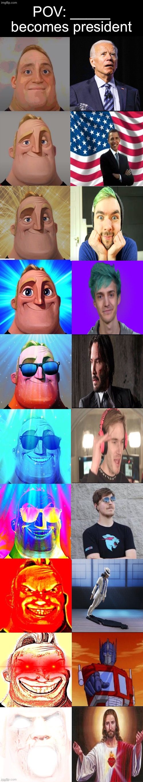 ______ becomes President | POV: _____ becomes president | image tagged in mr incredible becoming canny,optimus prime,youtuber,jesus,keanu reeves,michael jackson | made w/ Imgflip meme maker