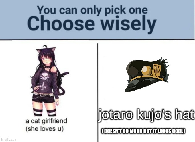choose wisely | jotaro kujo's hat; ( doesn't do much but it looks cool) | image tagged in choose wisely,jojo's bizarre adventure | made w/ Imgflip meme maker