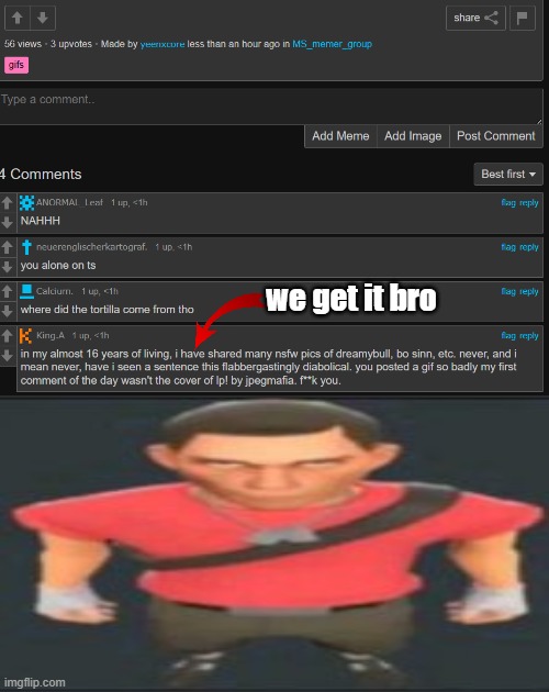 if it made him cringe...then...i don't even know | we get it bro | image tagged in meme | made w/ Imgflip meme maker