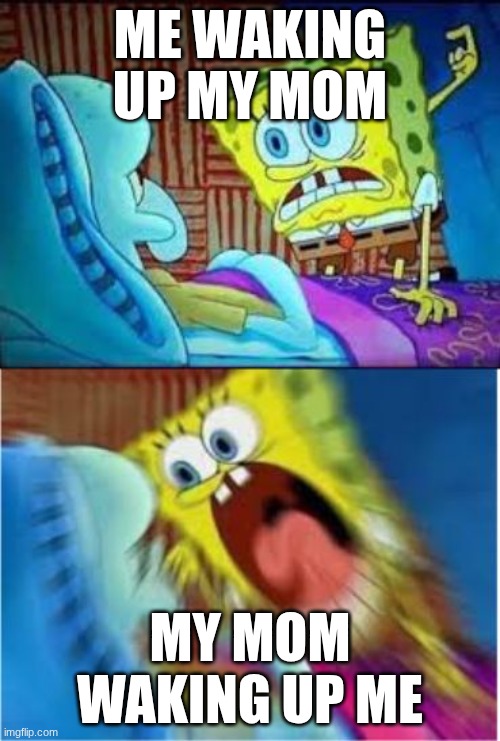SpongeBob meme | me waking up my mom; my mom waking up me | image tagged in spongebob screaming meme | made w/ Imgflip meme maker