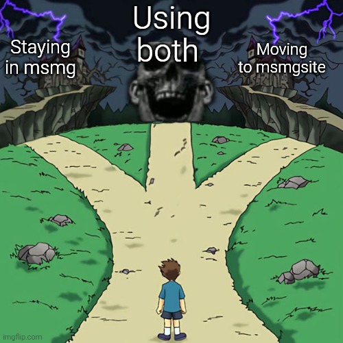Three paths | Using both; Moving to msmgsite; Staying in msmg | image tagged in three paths | made w/ Imgflip meme maker