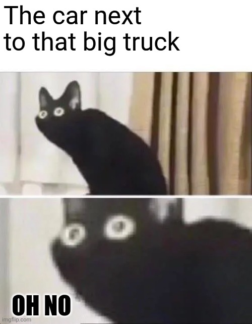 Oh No Black Cat | The car next to that big truck Oh no | image tagged in oh no black cat | made w/ Imgflip meme maker