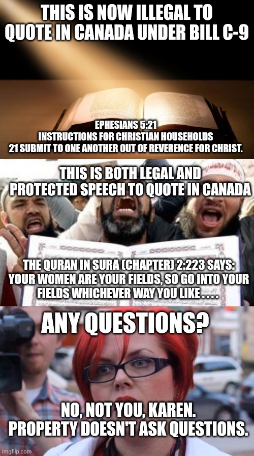 Not all religions are equal, and not all governments have a vested interest in protecting your coexist bumper sticker. | This is now illegal to quote in Canada under bill c-9; Ephesians 5:21
Instructions for Christian Households
21 Submit to one another out of reverence for Christ. This is both legal and protected speech to quote in canada; The Quran in Sura (Chapter) 2:223 says:

Your women are your fields, so go into your fields whichever way you like . . . . Any questions? No, not you, Karen. Property doesn't ask questions. | image tagged in bible,koranderthal,angry feminist | made w/ Imgflip meme maker