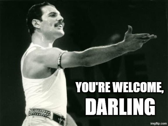 Freddy Mercury You're welcome, darling | You're Welcome, Darling | image tagged in freddy mercury leads,welcome,you're welcome,darling,freddy mercury,queen | made w/ Imgflip meme maker