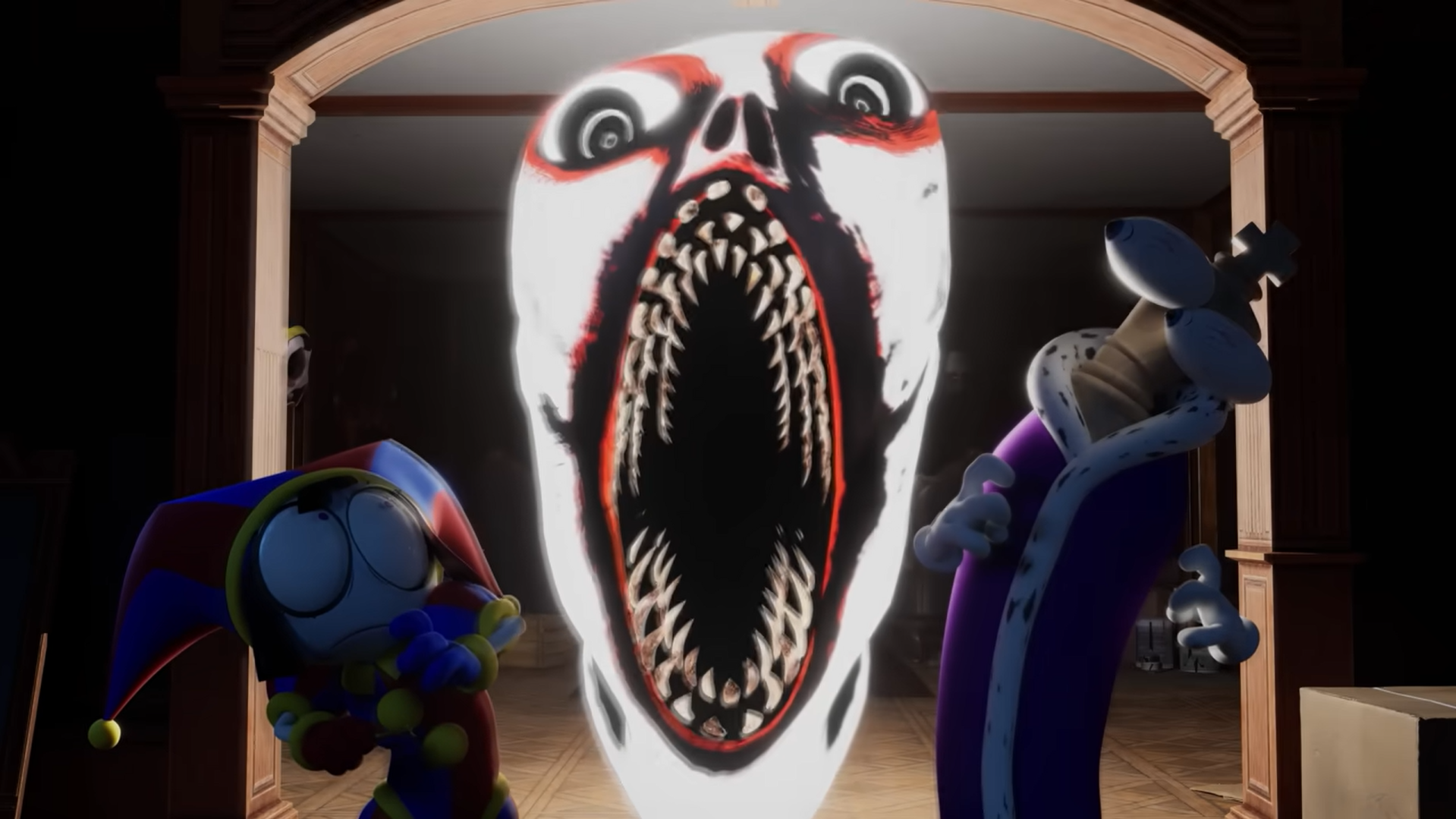 Creature behind Pomni and Kinger Blank Meme Template