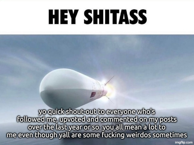 tiff wanted me to do this rq so thanks for the idea :) | yo quick shout-out to everyone who's followed me, upvoted and commented on my posts over the last year or so. you all mean a lot to me even though yall are some fucking weirdos sometimes | image tagged in hey shitass | made w/ Imgflip meme maker