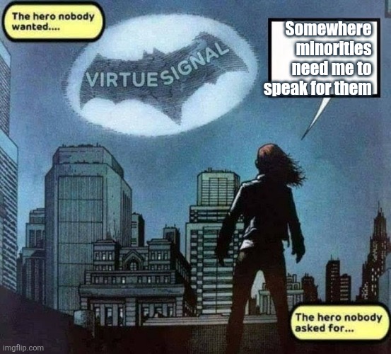 Somewhere 
minorities 
need me to 
speak for them | made w/ Imgflip meme maker