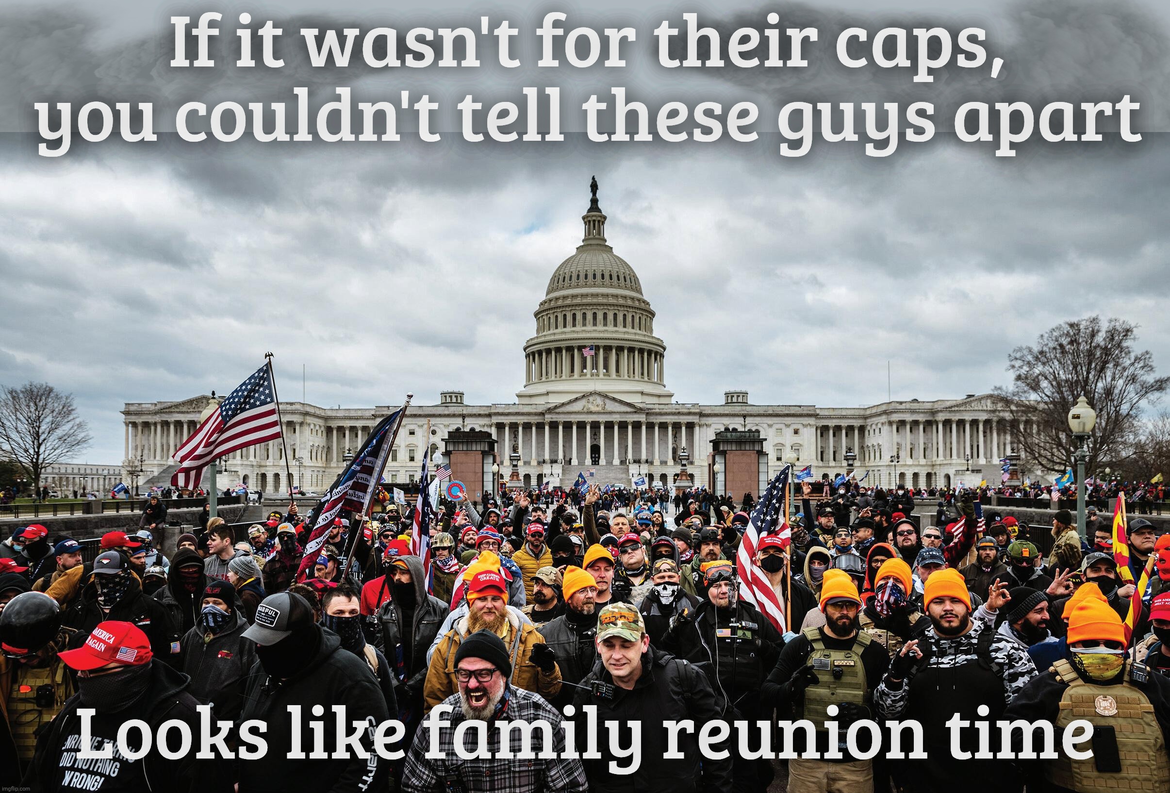 Clone drones | If it wasn't for their caps,
you couldn't tell these guys apart; Looks like family reunion time | image tagged in january 6th capital hill riot,trailer park trash,monochromatic,monochrome neckbeards,they all look alike,maga is so mixed | made w/ Imgflip meme maker