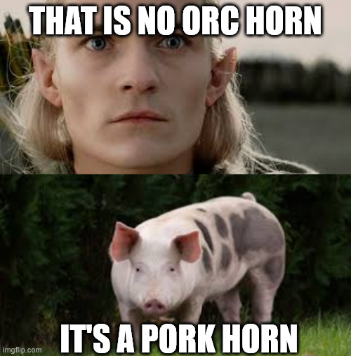 That is no orc horn | That is no orc horn; It's a pork horn | image tagged in legolas | made w/ Imgflip meme maker