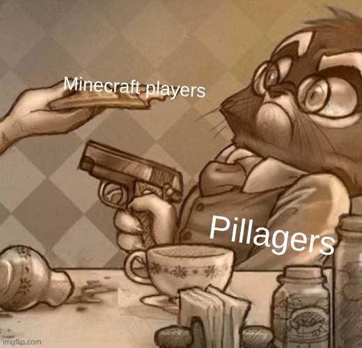 Mordecai Gun | Minecraft players; Pillagers | image tagged in mordecai gun | made w/ Imgflip meme maker
