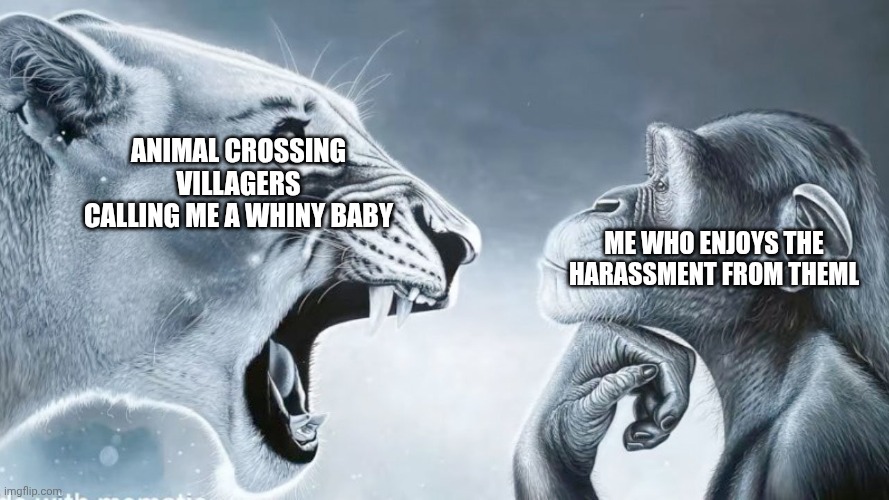 Angry Lion vs Chill Monkey | Animal crossing villagers calling me a whiny baby; Me who enjoys the harassment from theml | image tagged in angry lion vs chill monkey | made w/ Imgflip meme maker