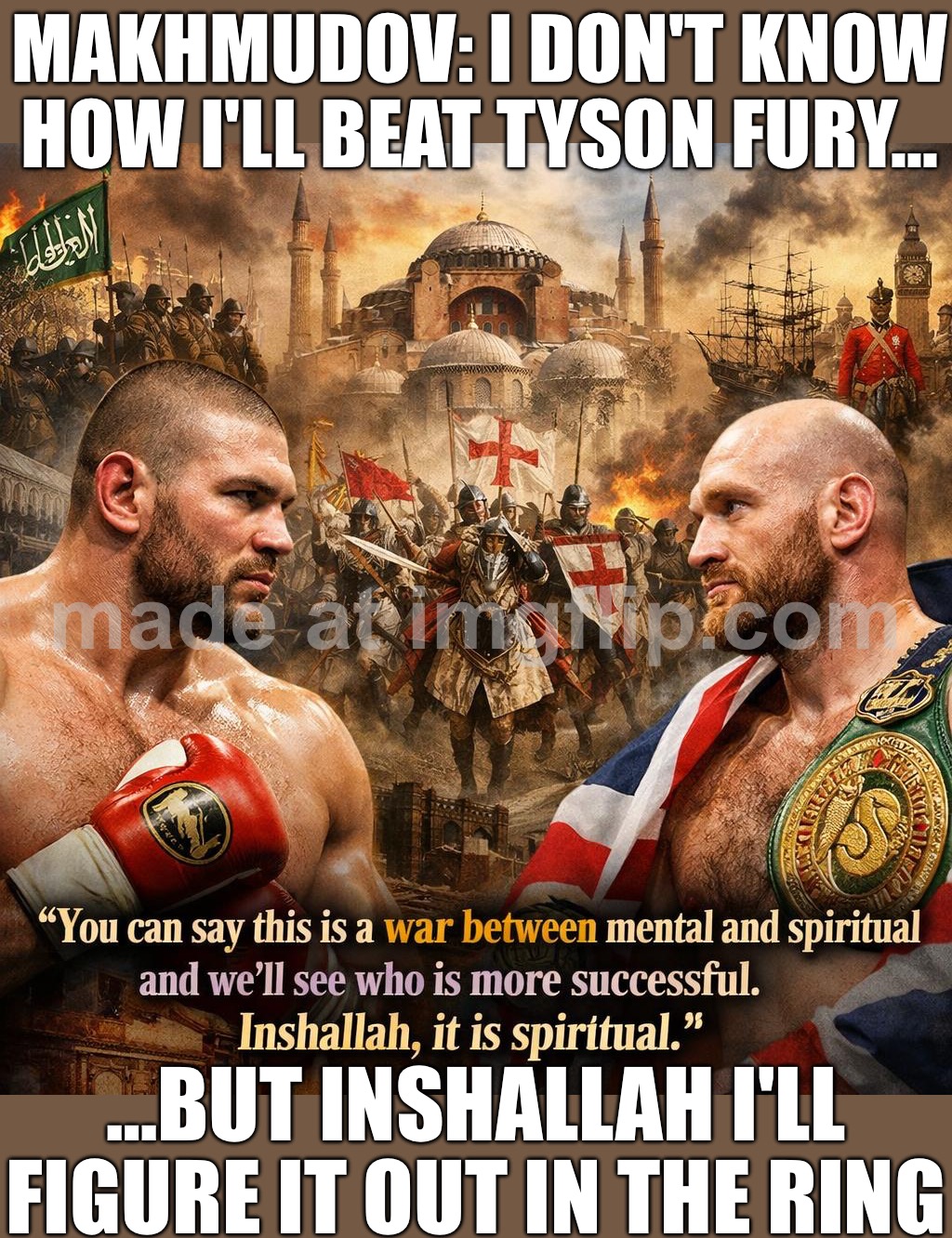MAKHMUDOV: I DON'T KNOW HOW I'LL BEAT TYSON FURY…; …BUT INSHALLAH IT'S SPIRITUAL | MAKHMUDOV: I DON'T KNOW HOW I'LL BEAT TYSON FURY…; …BUT INSHALLAH I'LL FIGURE IT OUT IN THE RING | image tagged in boxing,spiritual,religion,sports,abrahamic religions,united kingdom | made w/ Imgflip meme maker