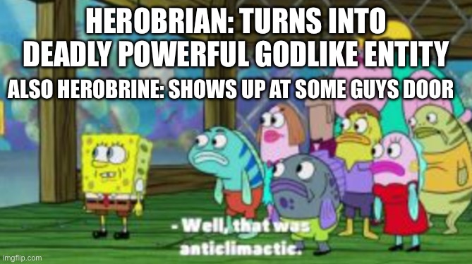 Well, that was anticlimactic | Herobrian: turns into deadly powerful godlike entity also herobrine: shows up at some guys door | image tagged in well that was anticlimactic | made w/ Imgflip meme maker