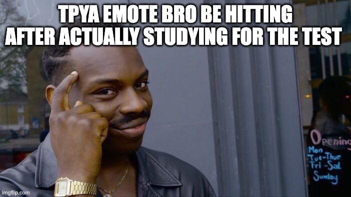 homie ain't been studying | tpya emote bro be hitting after actually studying for the test | image tagged in memes,roll safe think about it | made w/ Imgflip meme maker