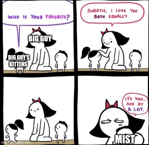 My OC and his cats | Big Guy; Big Guy’s kittens; Mist | image tagged in i love you both equally | made w/ Imgflip meme maker