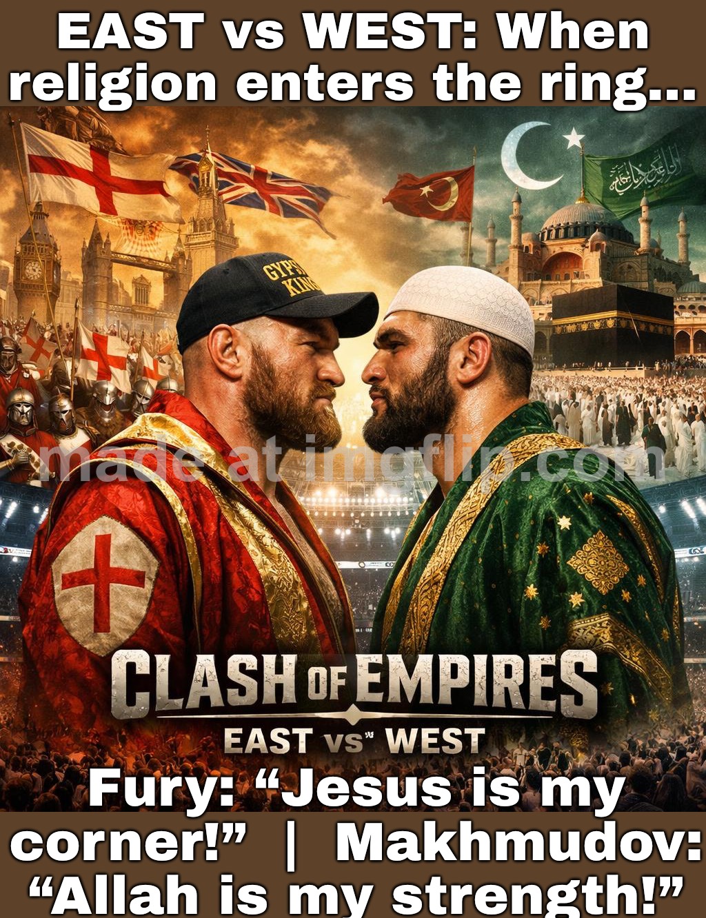 EAST vs WEST: just a boxing match? RELIGION ENTERS THE RING: Fury (Jesus) vs Makhmudov (Allah) — spiritual warfare | EAST vs WEST: When religion enters the ring…; Fury: “Jesus is my corner!”  |  Makhmudov: “Allah is my strength!” | image tagged in boxing,spirituality,religion,sports,abrahamic religions,the abrahamic god | made w/ Imgflip meme maker
