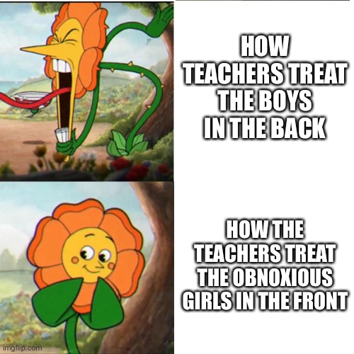 Cuphead Flower | How teachers treat the boys in the back; How the teachers treat the obnoxious girls in the front | image tagged in cuphead flower | made w/ Imgflip meme maker