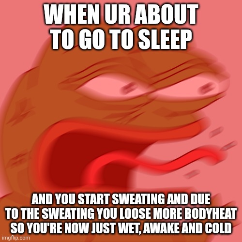 v zv sg sgbsbgs | when ur about to go to sleep; and you start sweating and due to the sweating you loose more bodyheat so you're now just wet, awake and cold | image tagged in rage pepe | made w/ Imgflip meme maker