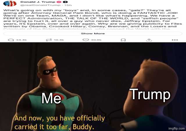 And now you have officially carried it too far, buddy | Trump; Me | image tagged in and now you have officially carried it too far buddy,trump,the incredibles,donald trump | made w/ Imgflip meme maker