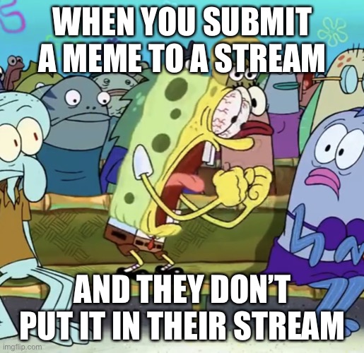 Spongebob Yelling | When you submit a meme to a stream; And they don’t put it in their stream | image tagged in spongebob yelling | made w/ Imgflip meme maker
