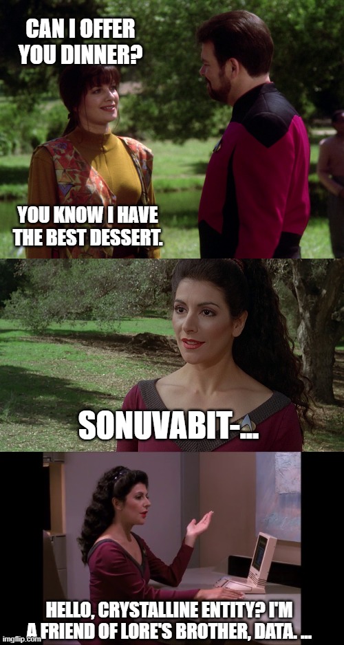 Hit entity | Can I offer you dinner? you know I have the best dessert. Sonuvabit-... Hello, crystalline entity? I'm a friend of lore's brother, data. ... | image tagged in star trek tng | made w/ Imgflip meme maker