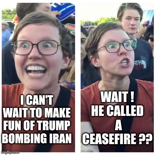 SJW Happy then Triggered | I can't wait to make fun Of Trump bombing iran Wait !
He called
 a ceasefire ?? | image tagged in sjw happy then triggered | made w/ Imgflip meme maker