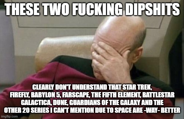 Captain Picard Facepalm Meme | These two fucking dipshits clearly don't understand that star trek, Firefly, Babylon 5, Farscape, The Fifth Element, Battlestar Galactica, D | image tagged in memes,captain picard facepalm | made w/ Imgflip meme maker