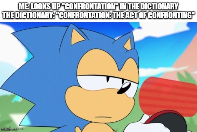 Just tell me what it means!!!!!! | Me: looks up "confrontation" in the dictionary
The dictionary: "confrontation: the act of confronting" | image tagged in sonic unamused,dictionary,annoying | made w/ Imgflip meme maker