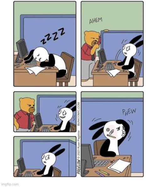 Buni Comics | image tagged in comics,buni comics,office,sleeping,boss,close call | made w/ Imgflip meme maker