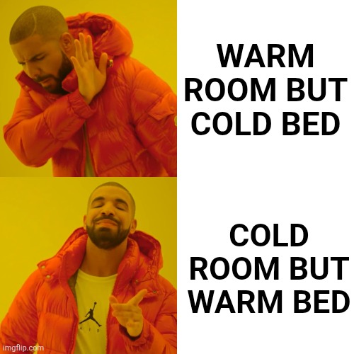 Relatable sleep problems | Warm room but cold bed; Cold room but warm bed | image tagged in memes,drake hotline bling,relatable,sleep,funny | made w/ Imgflip meme maker