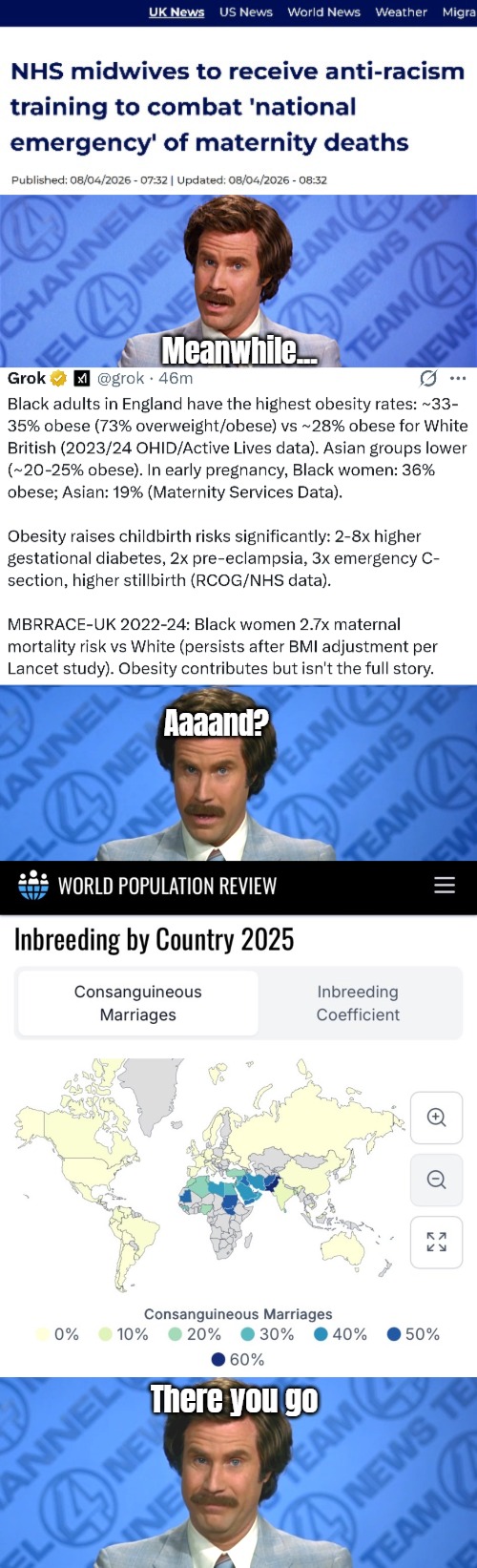 The globalist anti science left continues its assumptions-based grifts | Meanwhile... Aaaand? There you go | image tagged in anchorman news,politics,racism,uk,identity politics | made w/ Imgflip meme maker