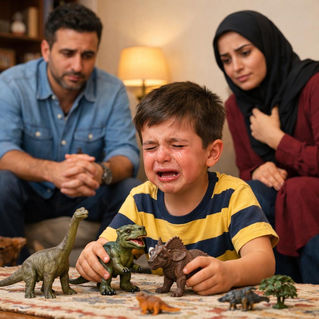 Iranian husband and wife watch crying son play with dinosaur toy Blank Meme Template