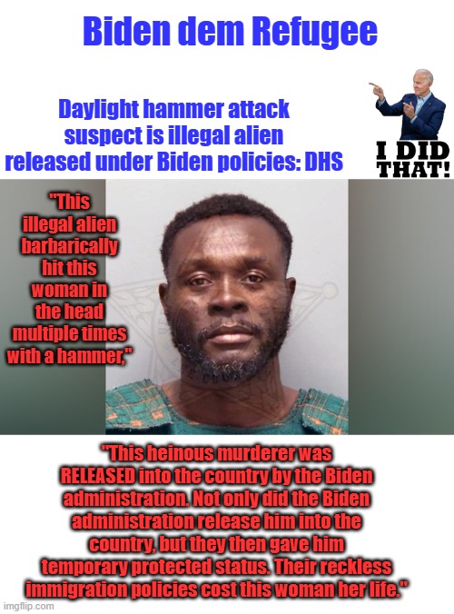 The women's family should sue BIDEN & the JUDGE for wrongful death | Biden dem Refugee; Daylight hammer attack suspect is illegal alien released under Biden policies: DHS; "This illegal alien barbarically hit this woman in the head multiple times with a hammer,"; "This heinous murderer was RELEASED into the country by the Biden administration. Not only did the Biden administration release him into the country, but they then gave him temporary protected status. Their reckless immigration policies cost this woman her life." | made w/ Imgflip meme maker