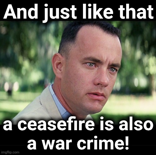 The latest in "Anything I Don't Like Is A War Crime" series | And just like that; a ceasefire is also
a war crime! | image tagged in memes,and just like that,democrats,ceasefire,war crime,trump derangement syndrome | made w/ Imgflip meme maker