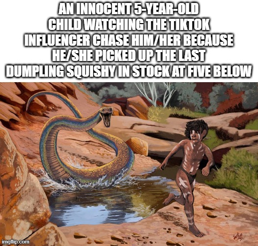 The Squishy Craze is getting out of control! | An innocent 5-year-old child watching the TikTok influencer chase him/her because he/she picked up the last dumpling squishy in stock at Five Below | image tagged in memes,meme,funny,paleoart,dumplingsquishy,dank memes | made w/ Imgflip meme maker
