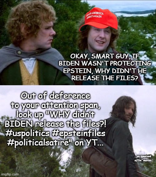 You'd think the Trump-cult would've figured it out by now but they just keep asking that same stupid question... | Okay, smart guy, if
Biden wasn't protecting
Epstein, why didn't he
release the files? Out of deference to your attention span, look up "WHY didn’t BIDEN release the files?! #uspolitics #epsteinfiles #politicalsatire" on YT... ...ya ignorant effin' moron | image tagged in epstein,release the files | made w/ Imgflip meme maker