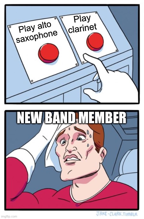 They always struggle with deciding | Play clarinet; Play alto saxophone; New band member | image tagged in memes,two buttons | made w/ Imgflip meme maker