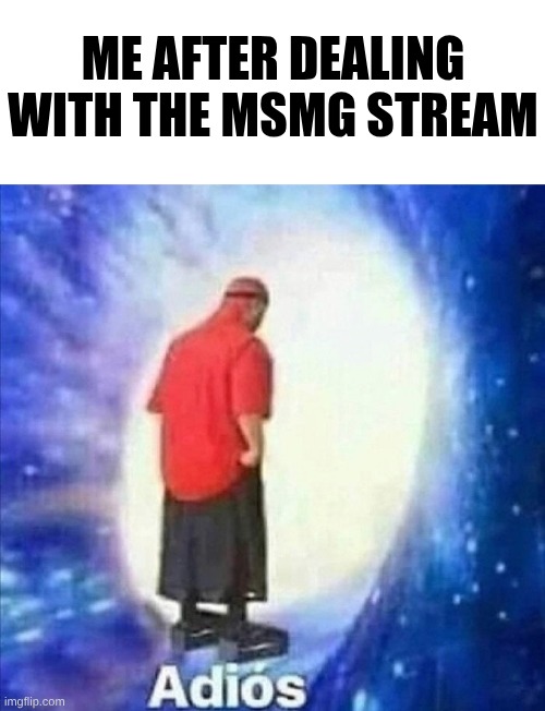 Bye :} | Me after dealing with the MSMG Stream | image tagged in adios | made w/ Imgflip meme maker
