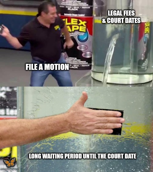 Flex Tape | Legal Fees & Court Dates; File a motion; Long waiting period until the court date; 🦋 | image tagged in flex tape | made w/ Imgflip meme maker