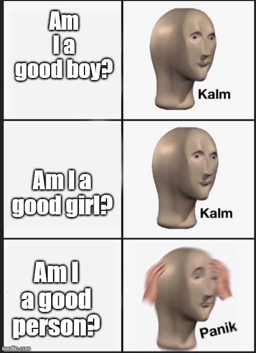 "Justice is blind to sex." - Bruce Wayne | Am I a good boy? Am I a good girl? Am I a good person? | image tagged in kalm kalm panik,morality,morals,batman | made w/ Imgflip meme maker