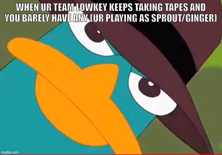 One time i had 94 tapes on floor 7 just because of machines and the 10 tapes at the end of a floor(AND I HADN’T EVEN HEALED YET) | When ur team lowkey keeps taking tapes and you barely have any (ur playing as Sprout/Ginger) | image tagged in perry looks at you | made w/ Imgflip meme maker