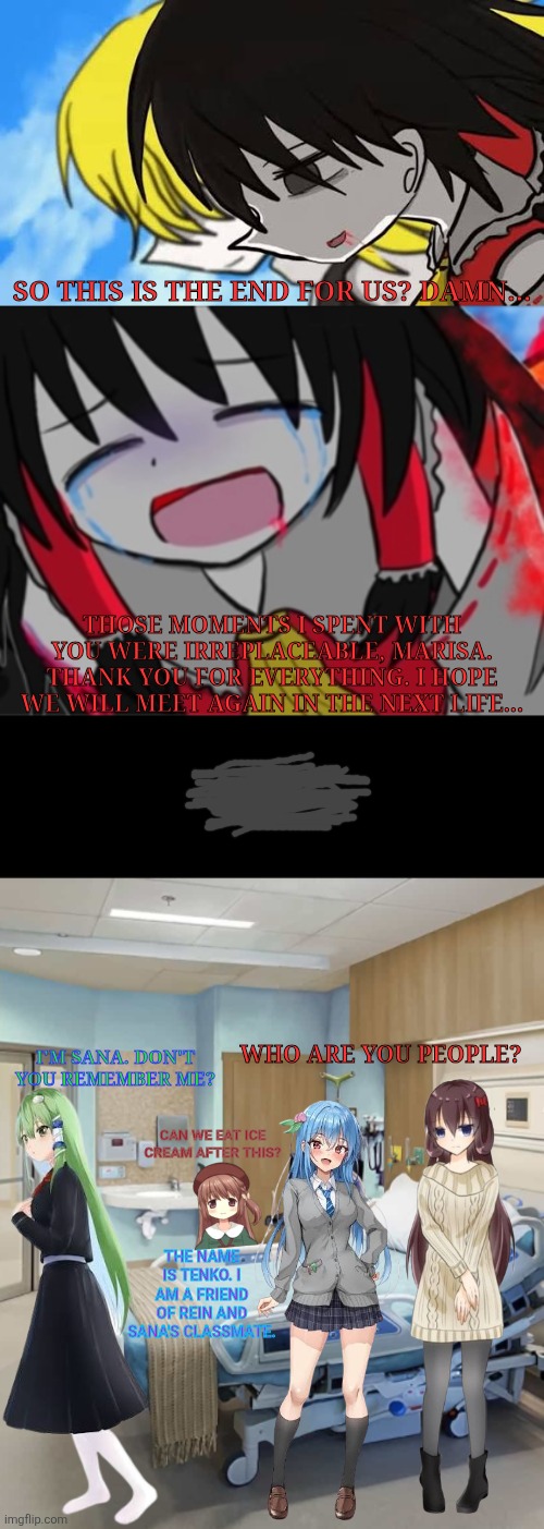 So this is the end for us? Damn... Those moments I spent with you were irreplaceable, Marisa. Thank you for everything. I hope we will meet again in the next life... I'm Sana. Don't you remember me? Who are you people? Can we eat ice cream after this? The name is Tenko. I am a friend of Rein and Sana's classmate. | image tagged in memes,hospital,bed | made w/ Imgflip meme maker