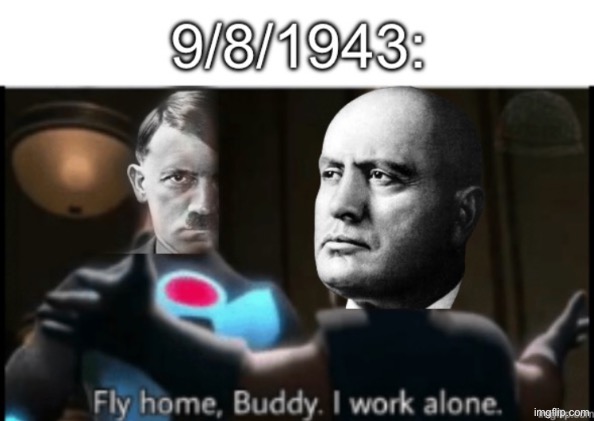 Fly, home, Mussolini. I work alone. | image tagged in i work alone,nazi germany,ww2,musolini,adolf hitler,italy | made w/ Imgflip meme maker