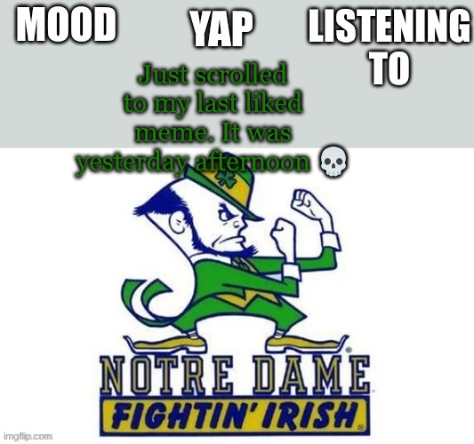 This stream has died | Just scrolled to my last liked meme. It was yesterday afternoon 💀 | image tagged in notre_dame_fan102's second announcement temp | made w/ Imgflip meme maker